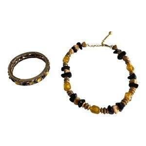 Vintage Amber & Black Beaded Necklace with Gold-Tone Cabochon Bracelet